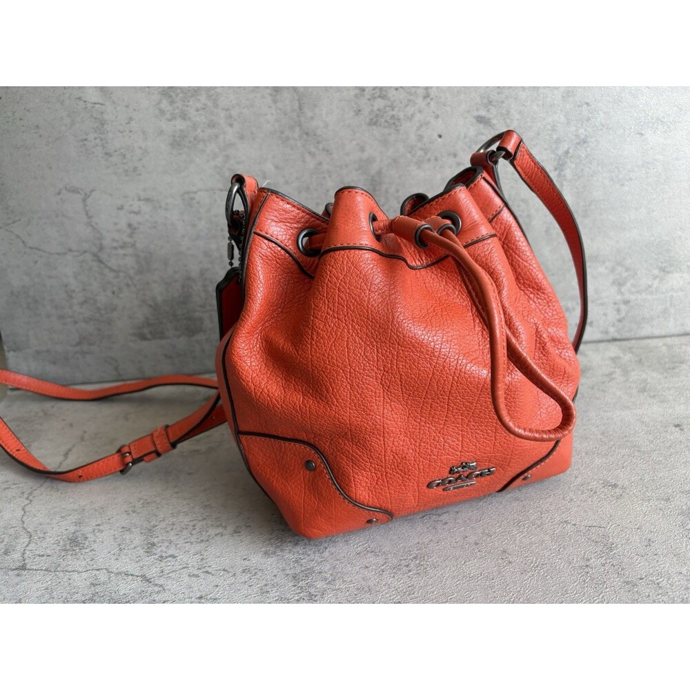 COACH Mickie Drawstring Leather Bucket  Shoulder Crossbody Bag 35363 Orange